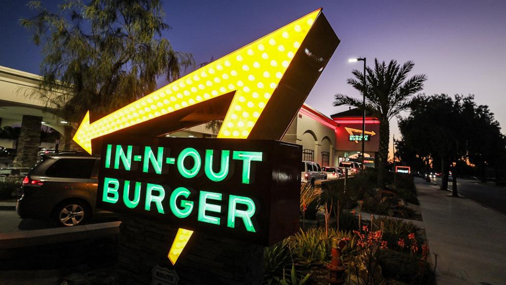 PHOTO: In this April 1, 2024, file photo, a sign for In-N-Out Burger is shown in Azusa, Calif.