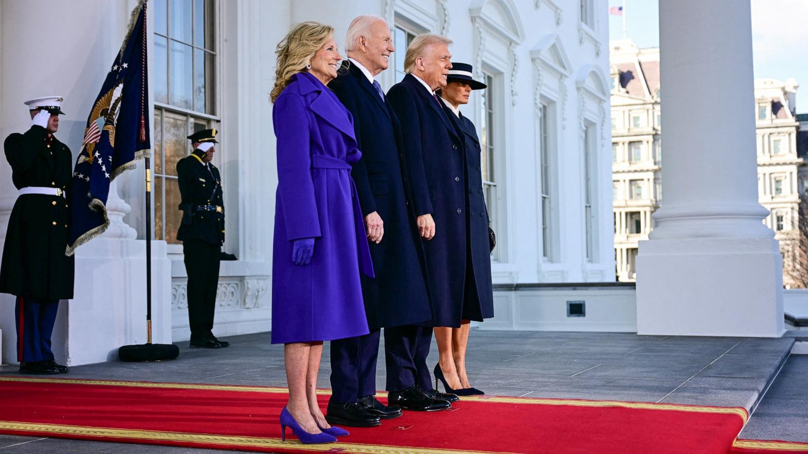 PHOTO: President Joe Biden and First Lady Jill Biden greet President-elect Donald Trump and Melania Trump as they arrive at the White House in Washington, Jan. 20, 2025.