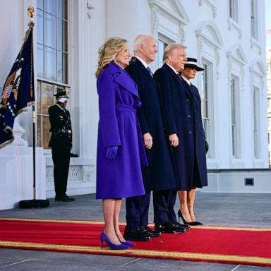 PHOTO: President Joe Biden and First Lady Jill Biden greet President-elect Donald Trump and Melania Trump as they arrive at the White House in Washington, Jan. 20, 2025.