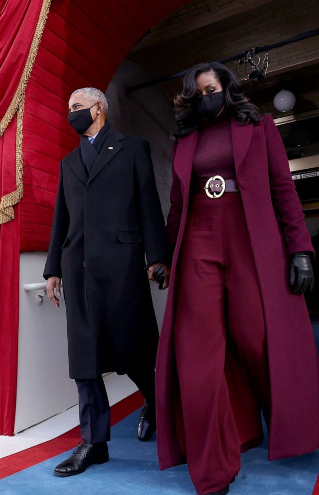 PHOTO: ormer President Barack Obama and wife Michelle Obama arrive for the inauguration of President-elect Joe Biden on the West Front of the U.S. Capitol, Jan. 20, 2021, in Washington, D.C. 
