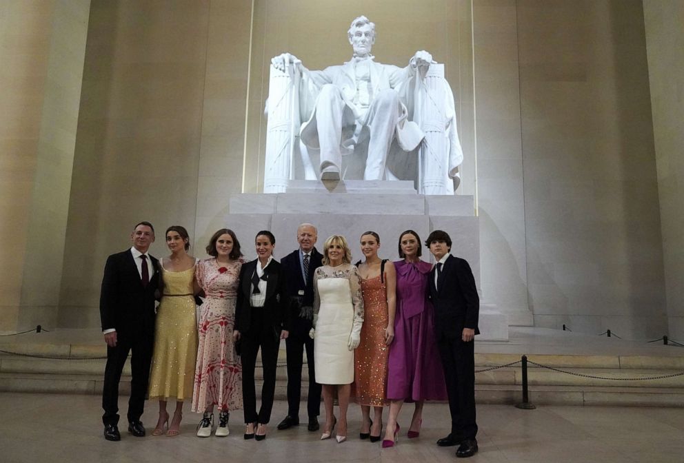 PHOTO: President Joe Biden, first lady Jill Biden and their family pose at the Lincoln Memorial where the president participated in a televised ceremony, Jan. 20, 2021, in Washington, D.C.