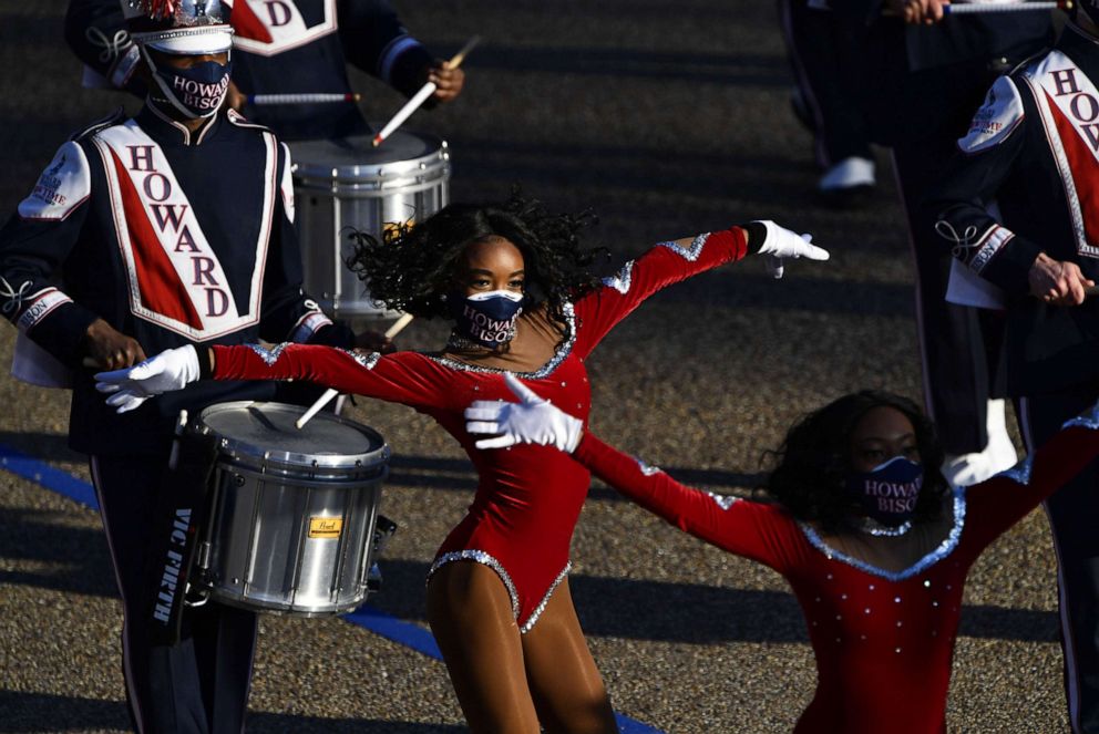 PHOTO: The Howard University Marching Band takes part in the inauguration parade near the White House in Washington, D.C., on Jan. 20, 2021.