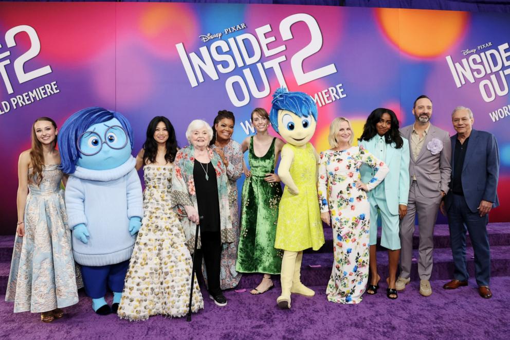 PHOTO: Kensington Tallman, Liza Lapira, June Squibb, Yvette Nicole Brown, Maya Hawke, Amy Poehler, Ayo Edebiri, Tony Hale and Lewis Black attend the World Premiere of Disney and Pixar's "Inside Out 2" at El Capitan Theatre in Hollywood on June 10, 2024. 