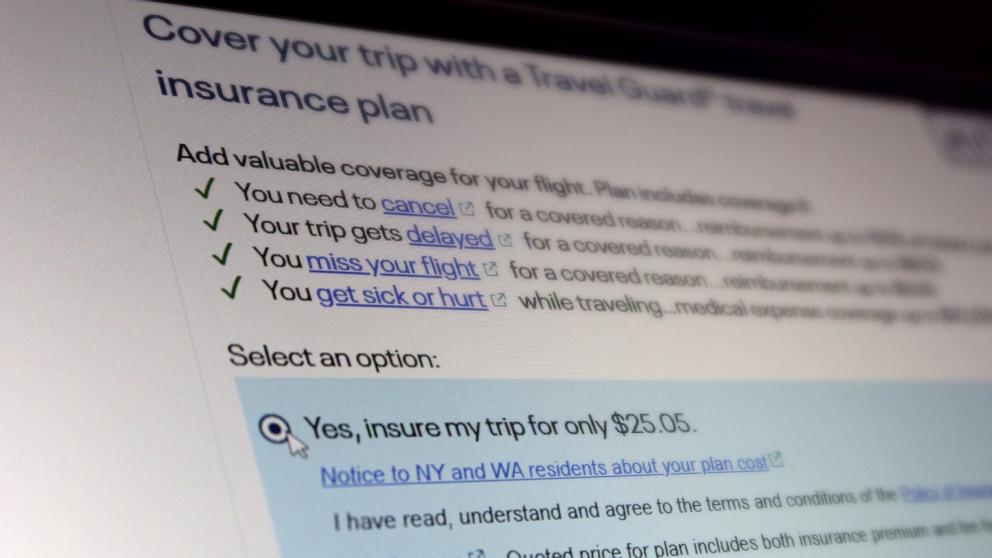 PHOTO: An airline flight reservation shows the option to purchase flight insurance for the trip.