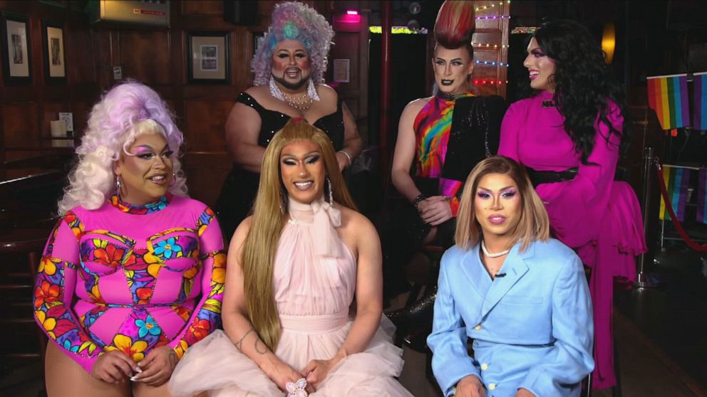 PHOTO: Drag performers Ari Kiki, Prada G. Major, Androgyny, Hibiscus and Brenda Dharling appear on "Good Morning America," June 1, 2023.