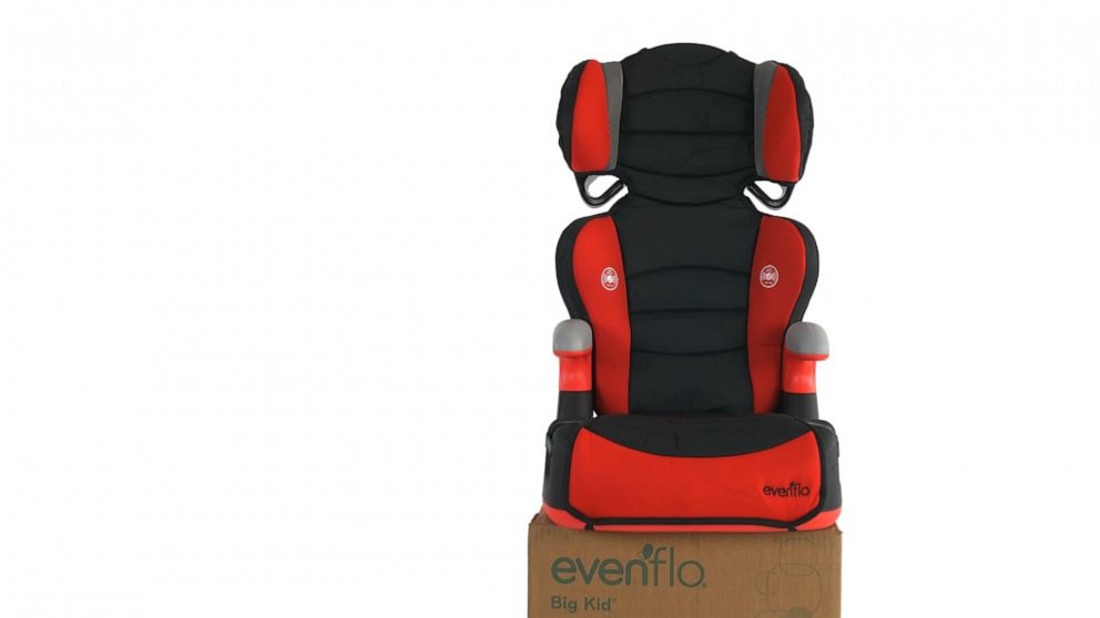 PHOTO: This is an Evenflo Big Kid booster seat purchased by ProPublica in January 2020. It is labeled as safe for children who are at least 30 pounds and has “side impact tested” labels.
