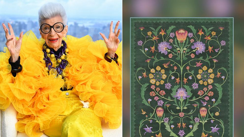 PHOTO: In this split image, Iris Apfel sits for a portrait at Central Park Tower on Sept. 09, 2021 in New York City and her Protea forest green rug is displayed.