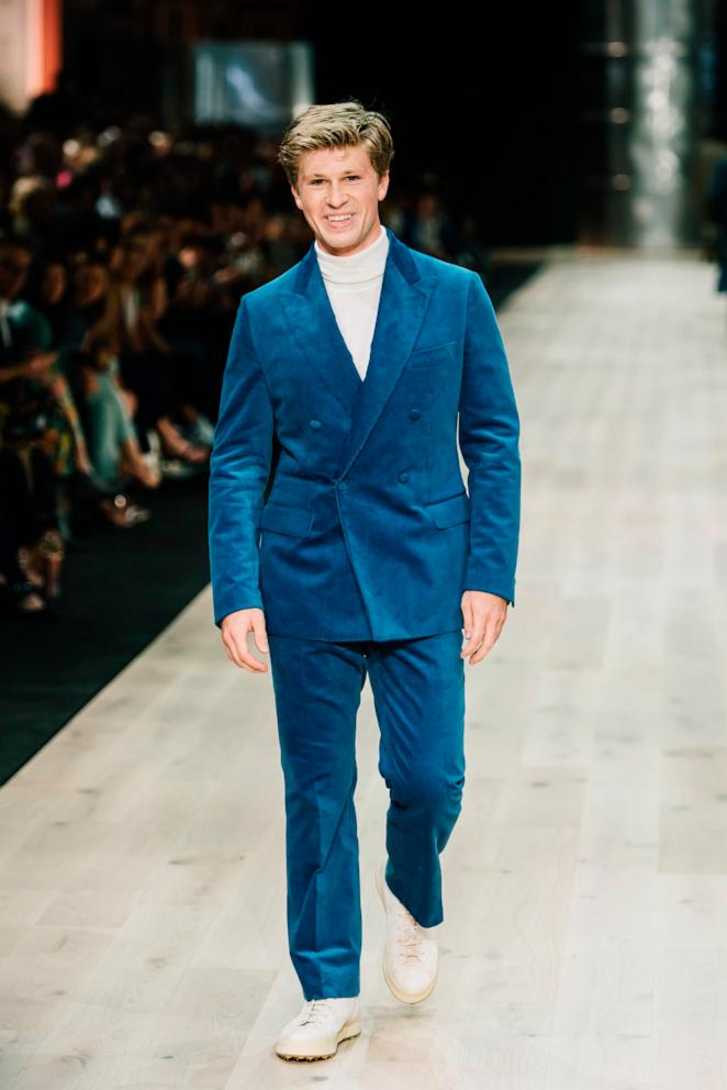 PHOTO: Robert Irwin showcases designs by Godwin during the Suit Up Runway at Melbourne Fashion Festival 2024 on March 6, 2024 in Melbourne, Australia.