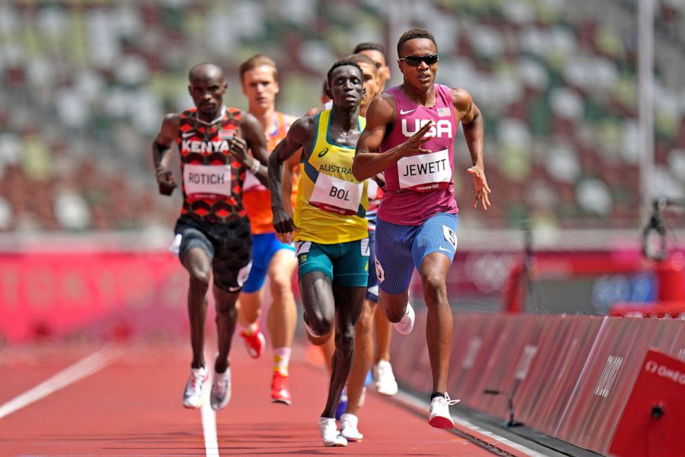 PHOTO: Isaiah Jewett, of United the States, runs in the men's 800-meter semifinal at the 2020 Summer Olympics, Aug. 1, 2021, in Tokyo.