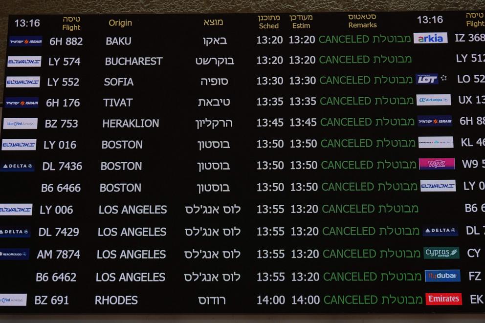 PHOTO: The flight information board at Israel's Ben Gurion Airport shows flight cancellations following an Israeli military strike on Iran, near Tel Aviv, Israel, June 13, 2025.