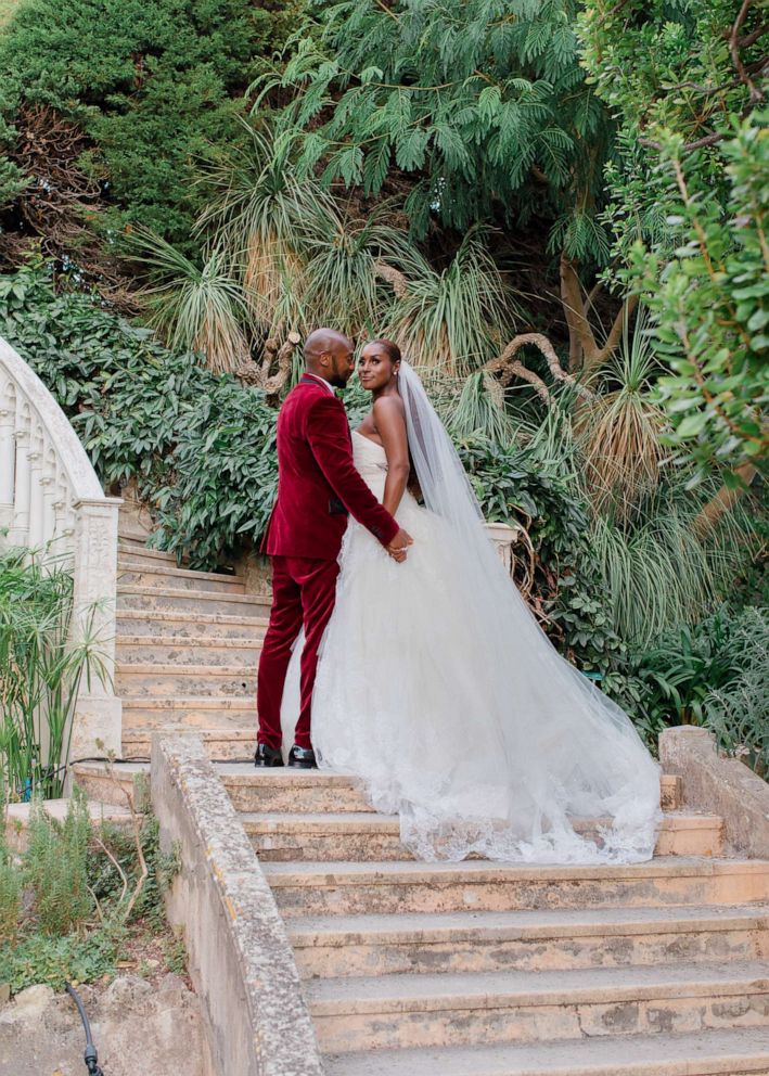 PHOTO: Issa Rae wore custom Vera Wang Haute to her wedding in the South of France on  July 25th, 2021. Groom Louis Diame is in custom Dolce & Gabanna.