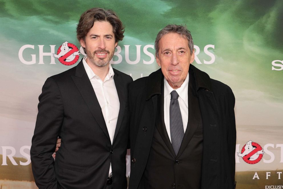 PHOTO: Director Jason Reitman and his father Ivan Reitman attend the "Ghostbusters:Afterlife" World Premiere in New York,  Nov. 15, 2021.