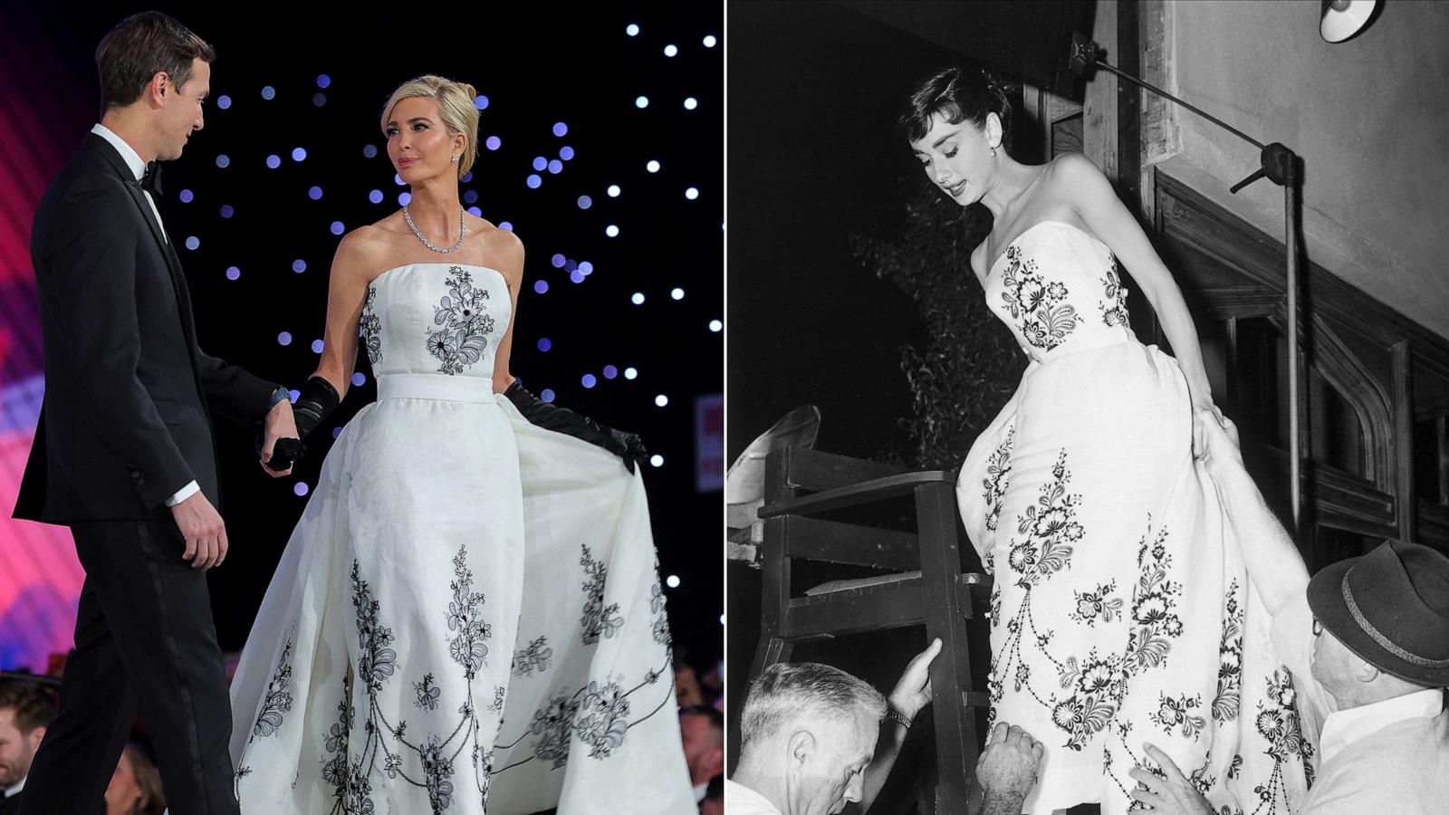 PHOTO: In this split image, Ivanka Trump dances with her husband during the Liberty Ball on Inauguration Day of Donald Trump's presidential term in Washington, Jan. 20, 2025, and actress Audrey Hepburn is seen wearing a flower-patterned dress in 1950s.