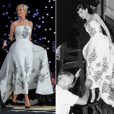 PHOTO: In this split image, Ivanka Trump dances with her husband during the Liberty Ball on Inauguration Day of Donald Trump's presidential term in Washington, Jan. 20, 2025, and actress Audrey Hepburn is seen wearing a flower-patterned dress in 1950s.