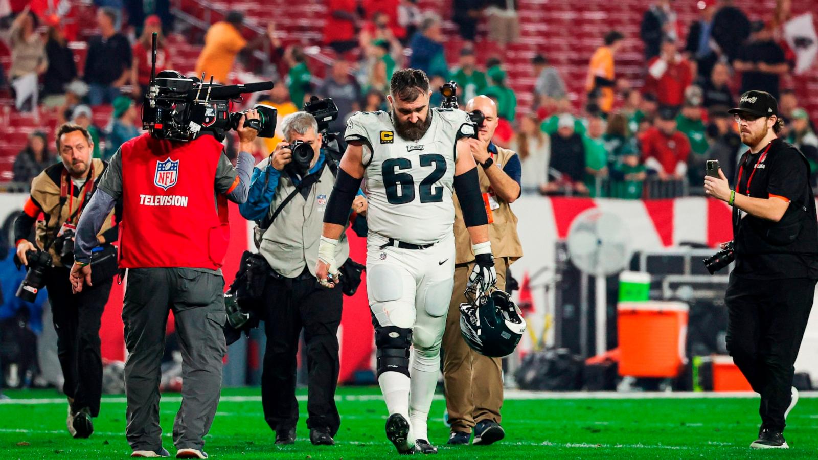 PHOTO: Jason Kelce of the Philadelphia Eagles walks off of the field after an NFL Wild Card playoff football game against the Tampa Bay Buccaneers at Raymond James Stadium on Jan. 15, 2024 in Tampa, Fla.