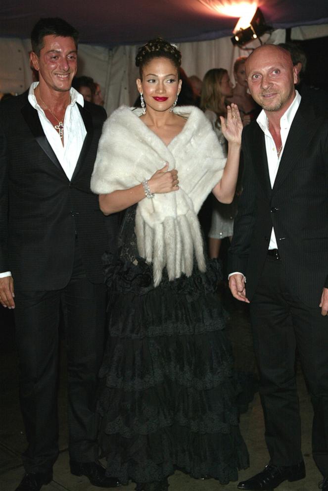 PHOTO: Stefano Gabbana, left, Jennifer Lopez, center, and Domenico Dolce attend the "Dangerous Liaisons: Fashion and Furniture in the 18th Century" Costume Institute benefit gala at the Metropolitan Museum of Art, April 26, 2004, in New York.