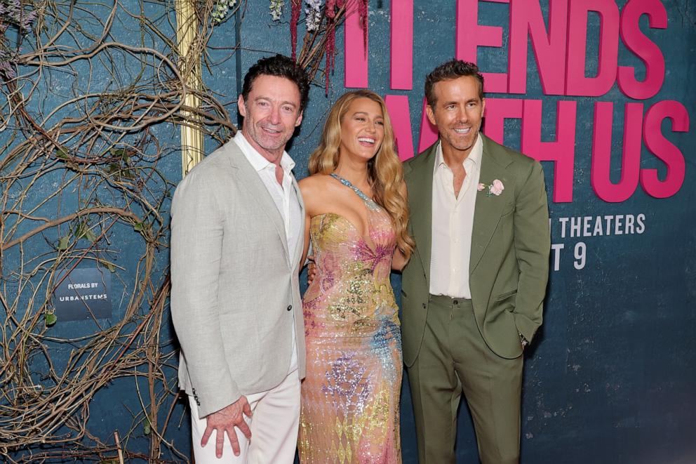 PHOTO: (L-R) Hugh Jackman, Blake Lively, and Ryan Reynolds attend the "It Ends With Us" New York Premiere at AMC Lincoln Square Theater on Aug. 06, 2024 in New York City.