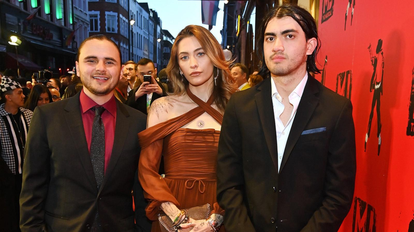 PHOTO: Prince Jackson, Paris Jackson and Bigi Jackson aka Blanket Jackson attend the press night performance of "MJ: The Musical" at the Prince Edward Theatre, March 27, 2024, in London.