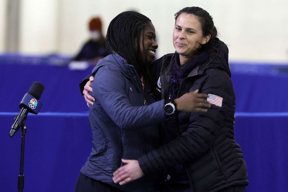 PHOTO: Erin Jackson and Brittany Bowe speak to the media during the 2022 U.S. Speedskating Long Track Olympic Trials, Jan. 9, 2022, in Milwaukee.