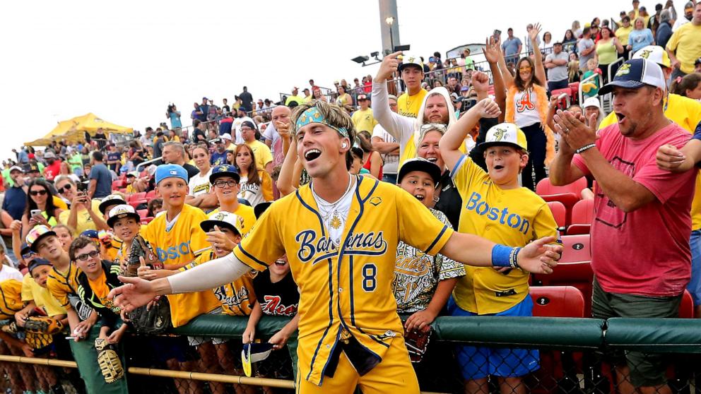 PHOTO: In this Aug. 16, 2023, file photo, Jackson Olson plays the fans as the Savannah Bananas take on the Party Animals at Campanelli Stadium in Brockton, Mass.