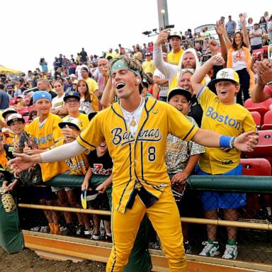 PHOTO: In this Aug. 16, 2023, file photo, Jackson Olson plays the fans as the Savannah Bananas take on the Party Animals at Campanelli Stadium in Brockton, Mass.