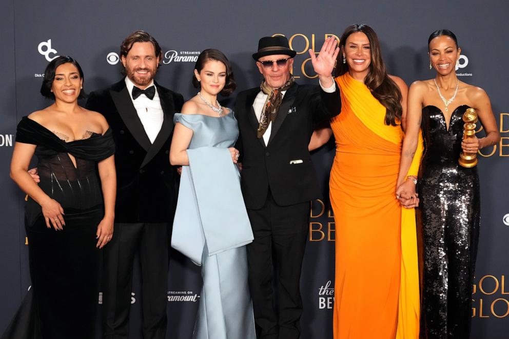 PHOTO: The cast of "Emila Perez" pose in the press room at the 82nd Annual Golden Globe Awards, Jan. 5, 2025, in Beverly Hills.