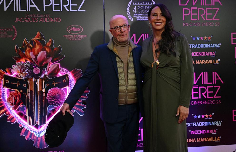 PHOTO: French director Jacques Audiard and Spanish Actress Karla Sofia Gascon pose for pictures at the red carpet of the media presentation of "Emilia Perez" in Bogota, Columbia, Jan. 17, 2025. 