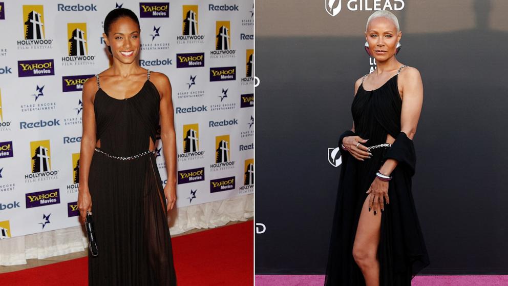 PHOTO: Split image showing Jada Pinkett Smith during The 8th Annual Hollywood Film Festival Hollywood Awards in Beverly Hills, Calif. on Oct. 18, 2004, and Pinkett Smith at The Los Angeles LGBT Center Gala at the Shrine Auditorium on May 18, 2024. 