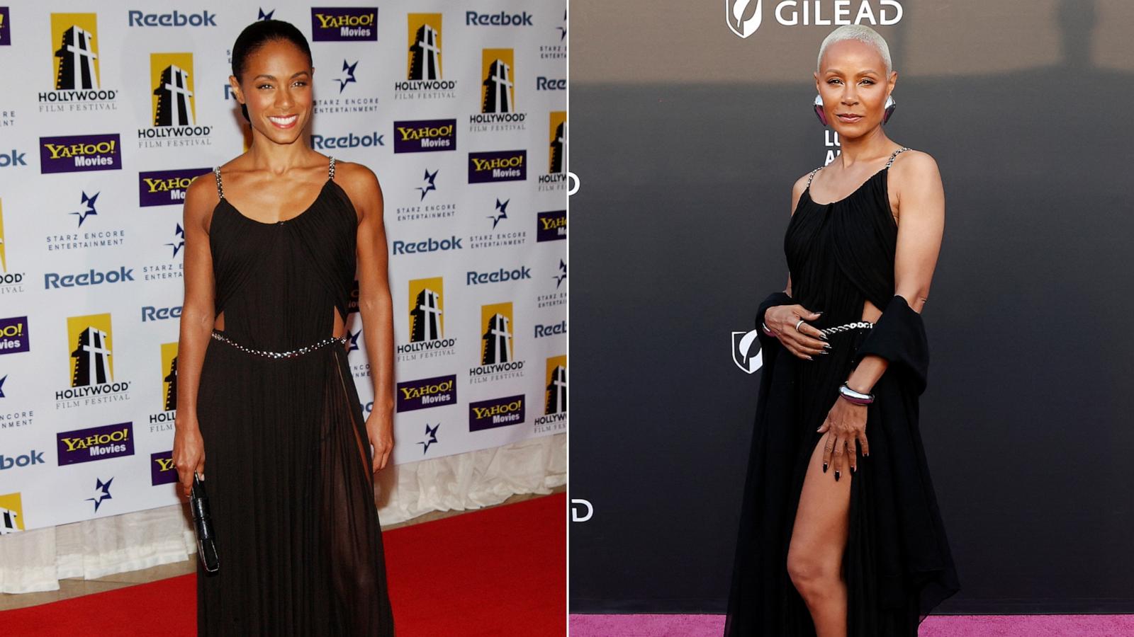 PHOTO: Split image showing Jada Pinkett Smith during The 8th Annual Hollywood Film Festival Hollywood Awards in Beverly Hills, Calif. on Oct. 18, 2004, and Pinkett Smith at The Los Angeles LGBT Center Gala at the Shrine Auditorium on May 18, 2024.