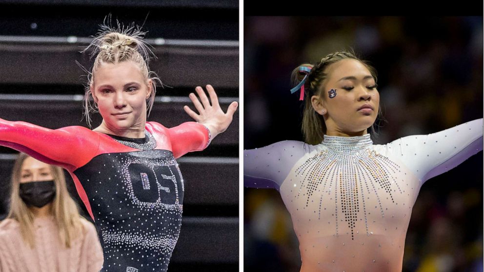 PHOTO: Jade Carey performs in Corvallis, Ore. Feb. 5, 2022; Sunisa Lee salutes during a gymnastics event in Baton Rouge, La.|Grace McCallum performs in the Tokyo 2020 Olympics, July 27, 2021; Jordan Chiles is pictured in Los Angeles, Jan. 30, 2022.