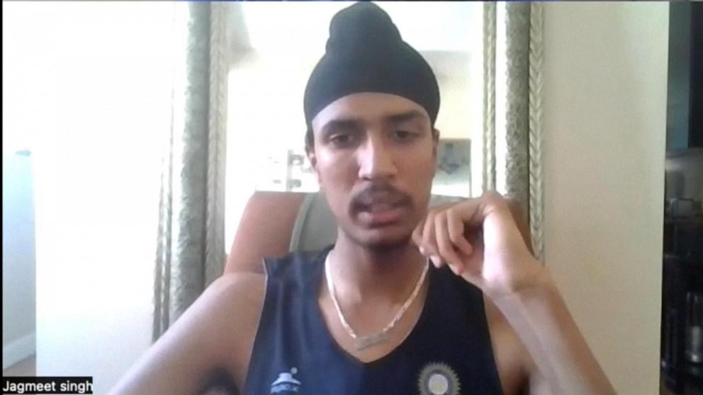 PHOTO: Eighteen-year-old Jagmeet Singh, who stands at 7’ 4”, talks to ABC News about his aspiration to join the NBA.