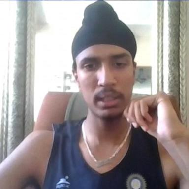 PHOTO: Eighteen-year-old Jagmeet Singh, who stands at 7’ 4”, talks to ABC News about his aspiration to join the NBA.