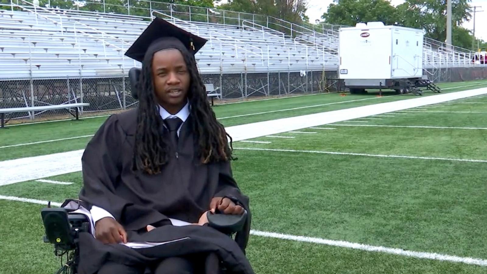 PHOTO: Jaiden Picot, who is paralyzed from the chest down, walked at his May 9, 2026 graduation ceremony at Virginia Union University.with the help of an exoskeleton.