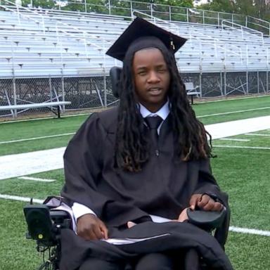 PHOTO: Jaiden Picot, who is paralyzed from the chest down, walked at his May 9, 2026 graduation ceremony at Virginia Union University.with the help of an exoskeleton.