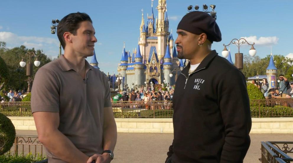 PHOTO: Philadelphia Eagles quarterback Jalen Hurts reflects on his Super Bowl victory in an interview with ABC News' Will Reeve at Walt Disney World Resort.