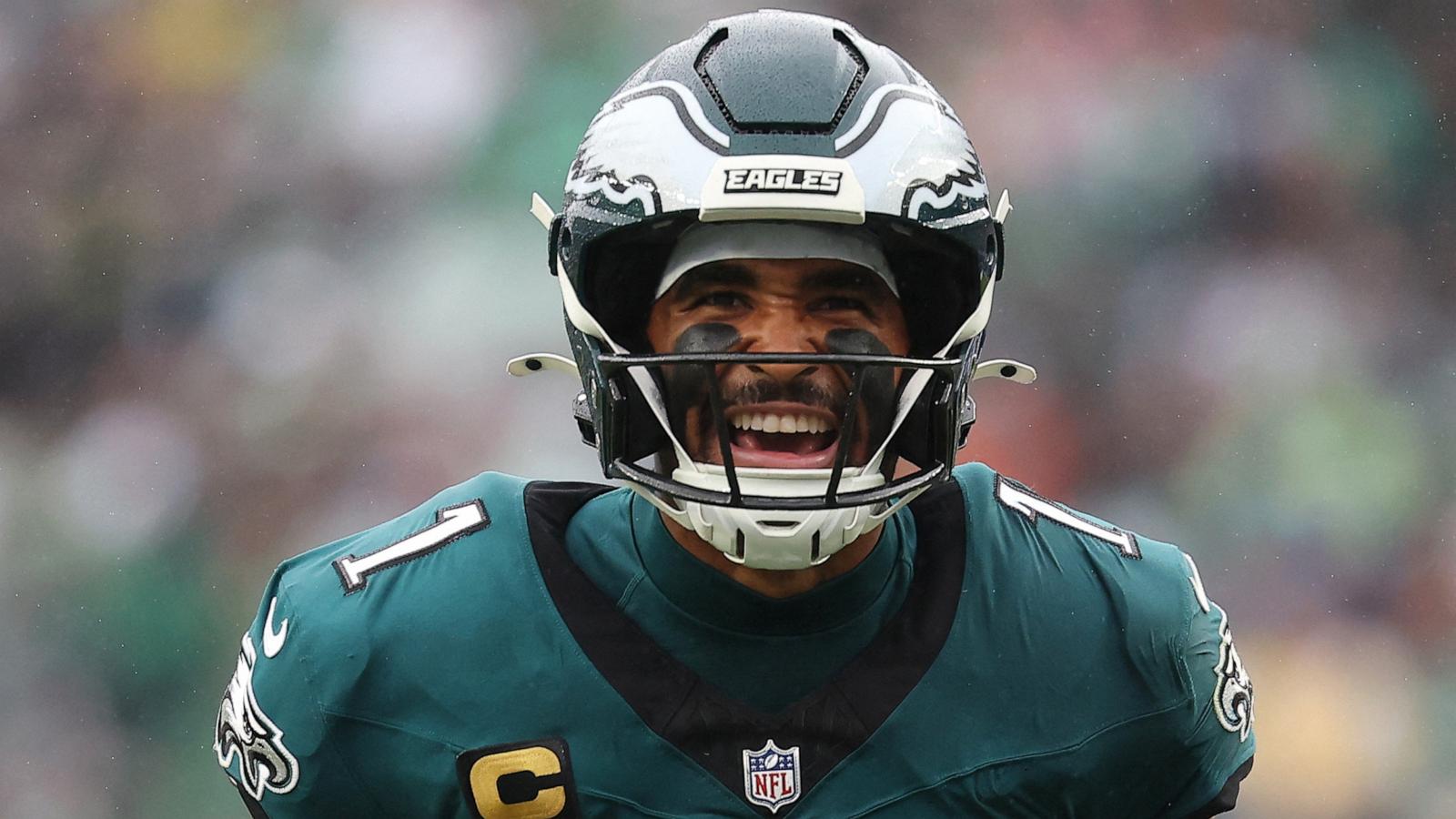 PHOTO: Philadelphia Eagles quarterback Jalen Hurts calls a play before a snap against the Los Angeles Rams during their NFL game, Oct 4, 2026, in Philadelphia.