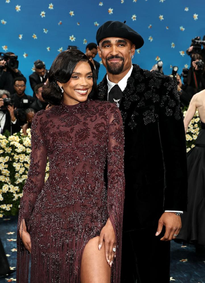PHOTO: Bry Burrows and Jalen Hurts attend the 2025 Met Gala Celebrating "Superfine: Tailoring Black Style" at Metropolitan Museum of Art on May 05, 2025 in New York City.