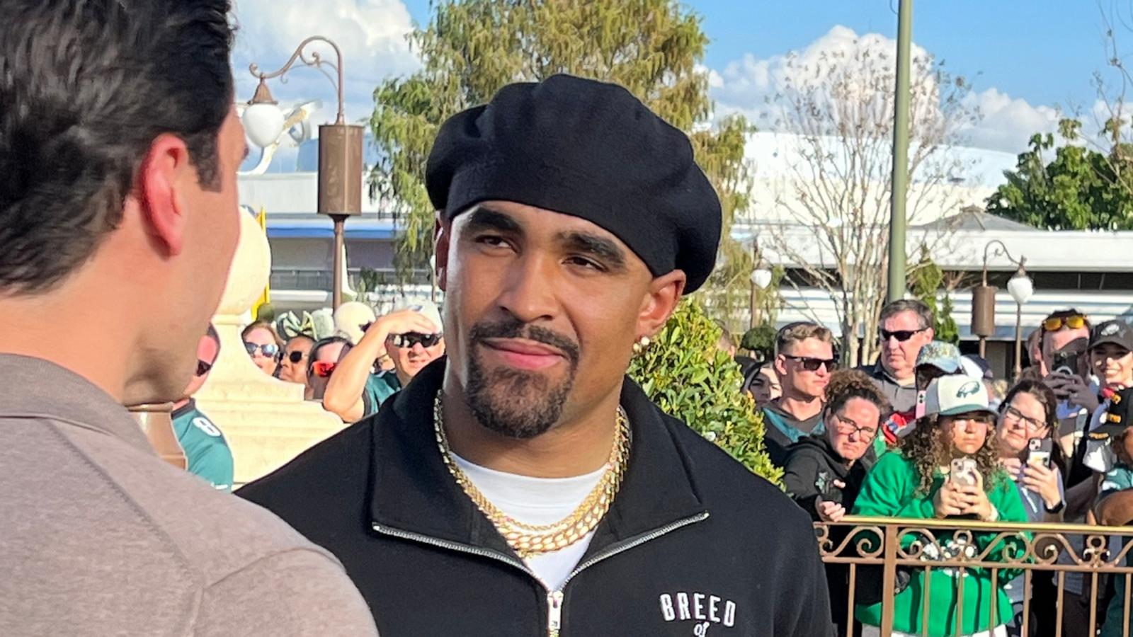 PHOTO: Philadelphia Eagles quarterback Jalen Hurts reflects on his Super Bowl victory in an interview with ABC News’ Will Reeve at Walt Disney World Resort.