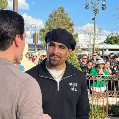 PHOTO: Philadelphia Eagles quarterback Jalen Hurts reflects on his Super Bowl victory in an interview with ABC News’ Will Reeve at Walt Disney World Resort.