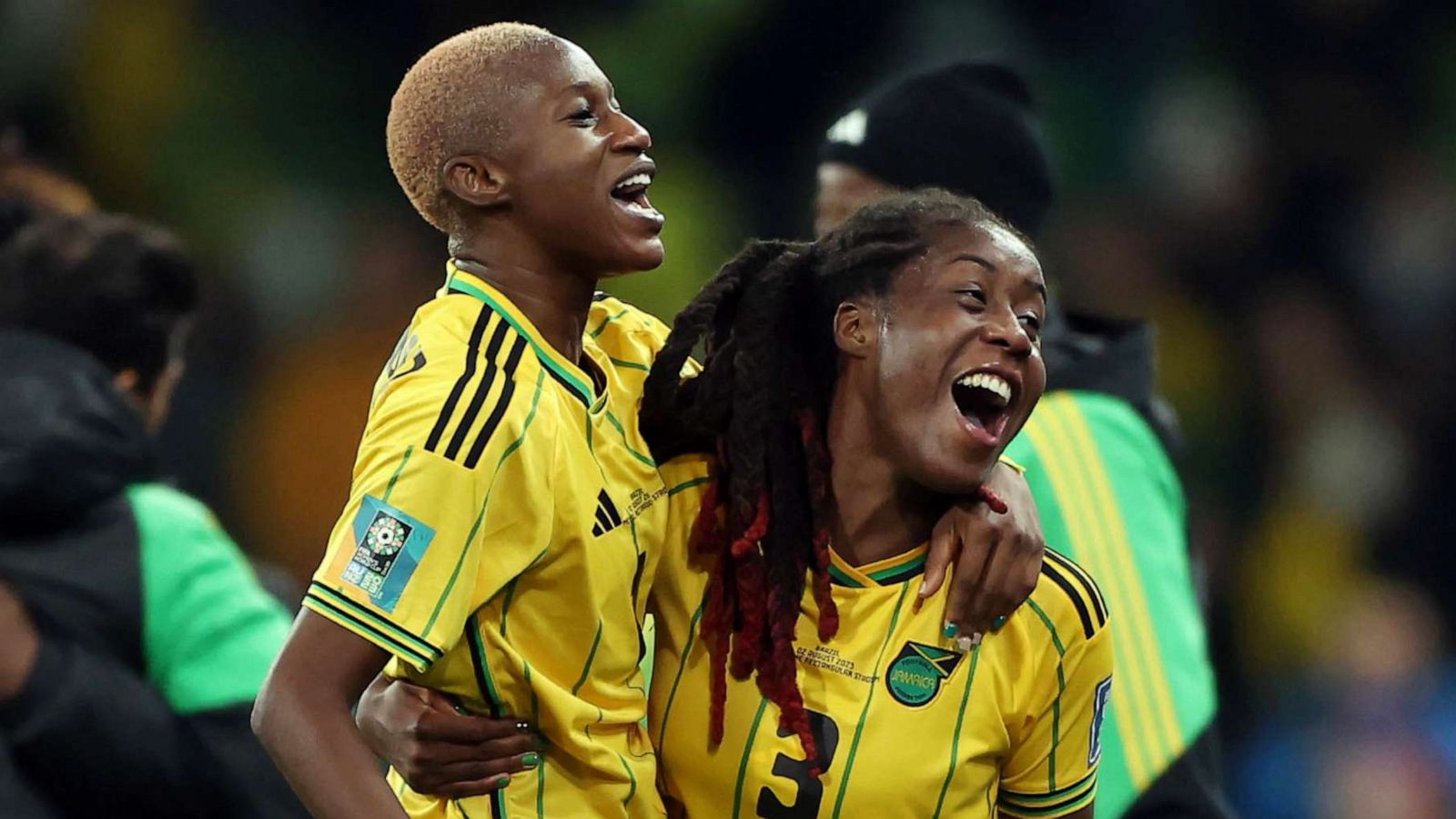 PHOTO: Deneisha Blackwood and Vyan Sampson of Jamaica celebrate advancing to the knockout stage after the scoreless draw in the FIFA Women's World Cup Australia & New Zealand 2023 Group F match between Jamaica and Brazil at Melbourne Rectangular Stadium