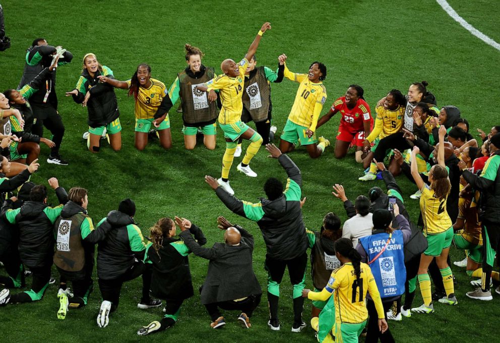 PHOTO: Jamaica's Deneisha Blackwood celebrates with teammates after the match as Jamaica qualify for the knockout stages of the World Cup Jamaica players pose for a team group photo before the match in Melbourne Rectangular Stadium, Melbourne, Australia,