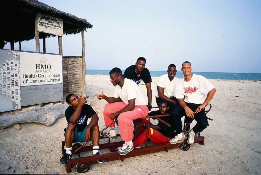 PHOTO: In this May 2, 1991, file photo, the Jamaican national bobsleigh team which debuted in the 1988 Winter Olympic Games is shown on a beach in Kingston, Jamaica.