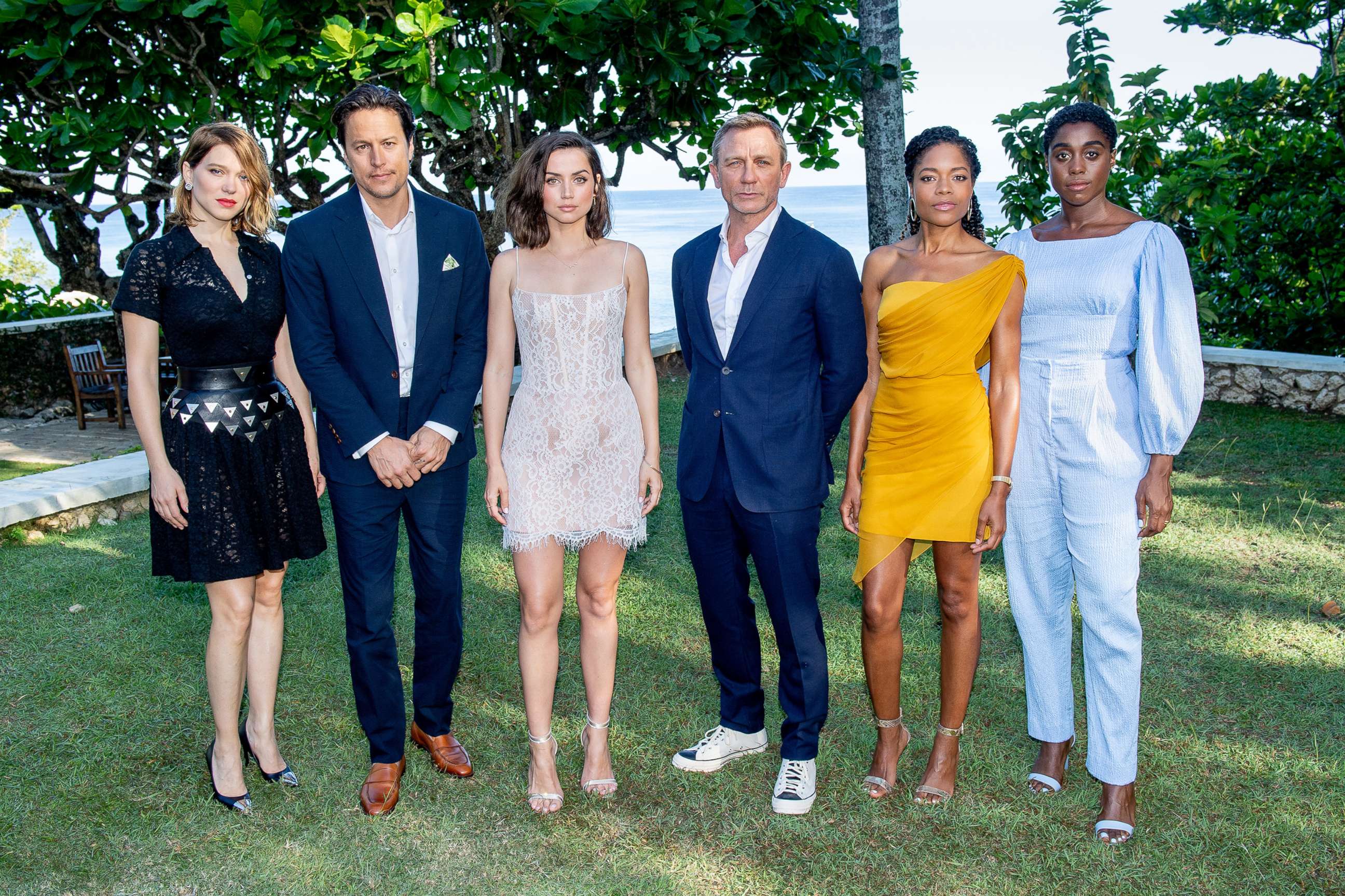 PHOTO: From left, Lea Seydoux, director Cary Joji Fukunaga, Ana de Armas, Daniel Craig, Naomie Harris and Lashana Lynch attend the "Bond 25" Film Launch,  April 25, 2019 in Montego Bay, Jamaica.