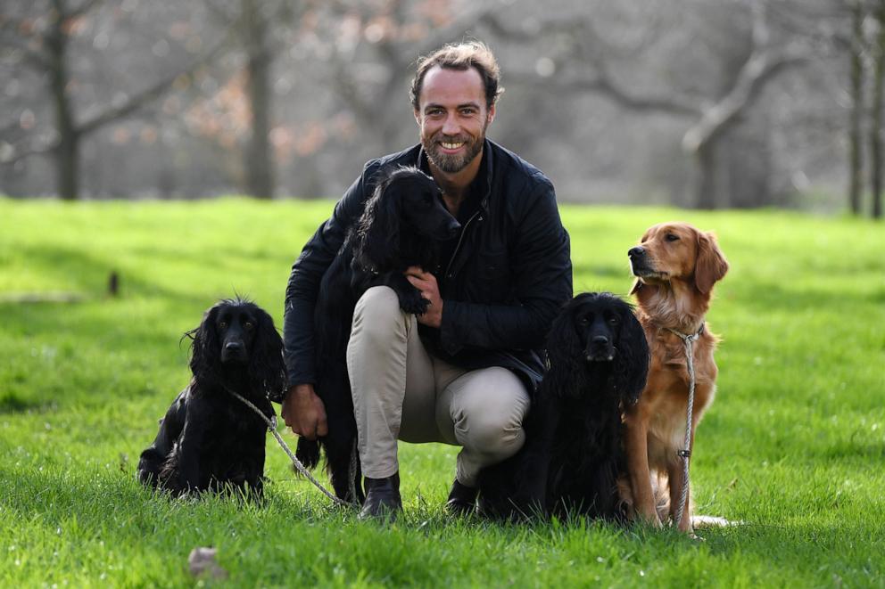 PHOTO: Ambassador for the Friends for Life award James Middleton poses for a photograph with his dogs Inka, Luna, Ella and Mabel at a launch event for this year's Crufts and Friends for Life in Green Park, London.