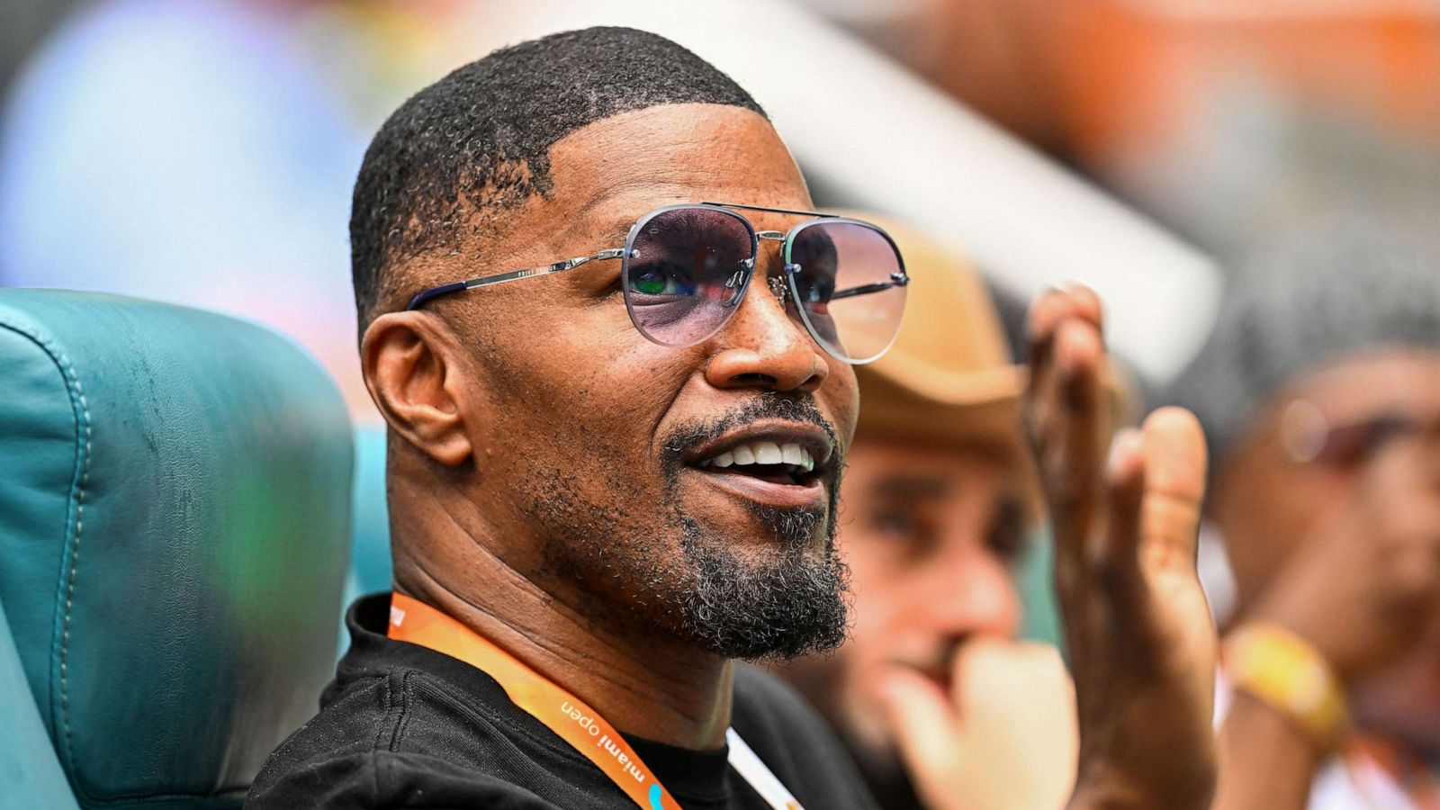 PHOTO: Jamie Foxx attends the mens quater-final match between Christopher Eubanks of the US and Daniil Medvedev of Russia at the 2023 Miami Open at Hard Rock Stadium in Miami Gardens, Florida, March 30, 2023.