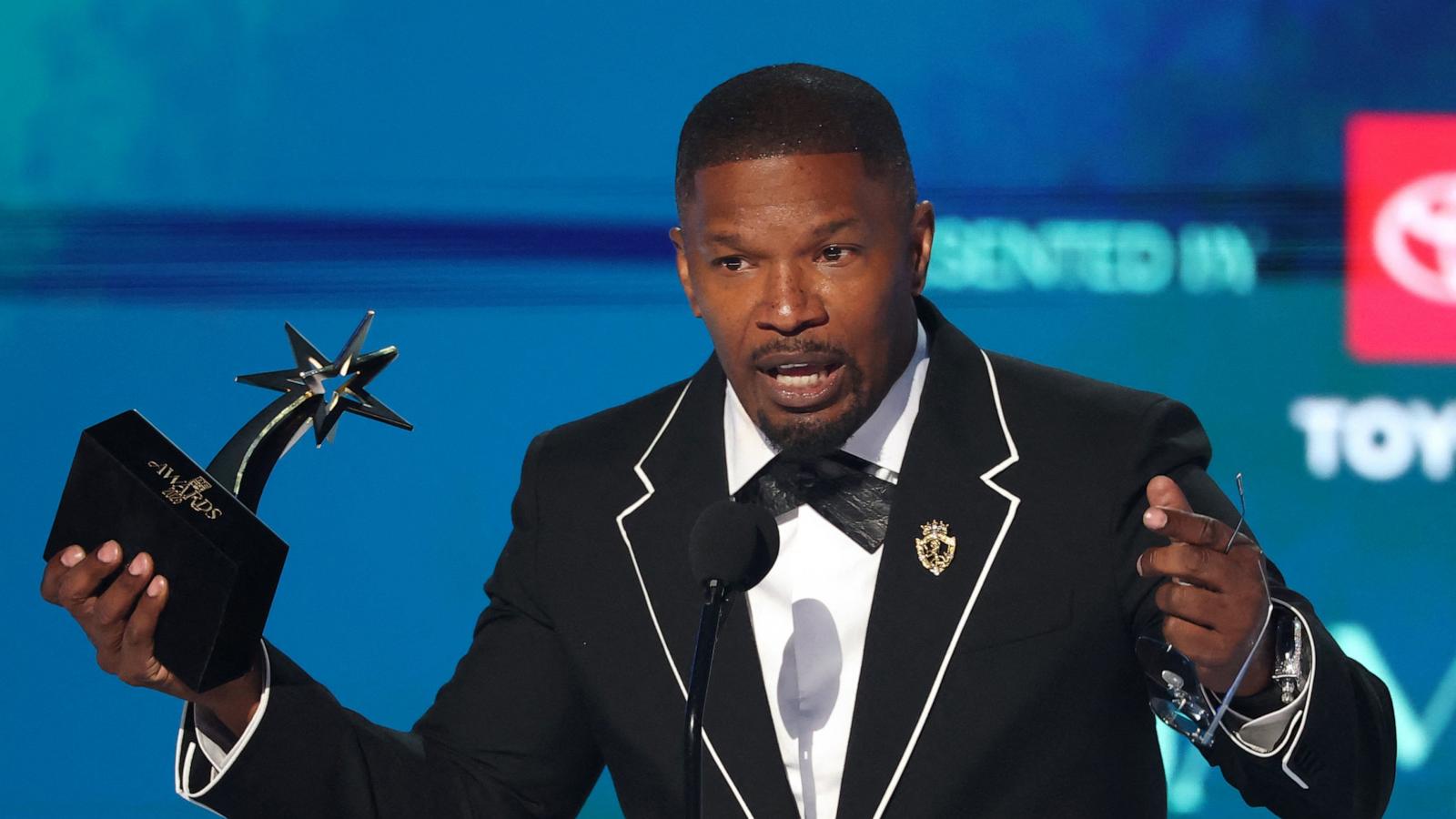 PHOTO: BET Ultimate Icon Award recipient actor Jamie Foxx speaks on stage during the 2025 BET Awards at the Peacock Theatre in Los Angeles on June 9, 2025.