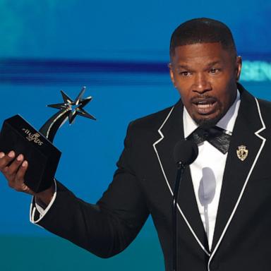 PHOTO: BET Ultimate Icon Award recipient actor Jamie Foxx speaks on stage during the 2025 BET Awards at the Peacock Theatre in Los Angeles on June 9, 2025. 