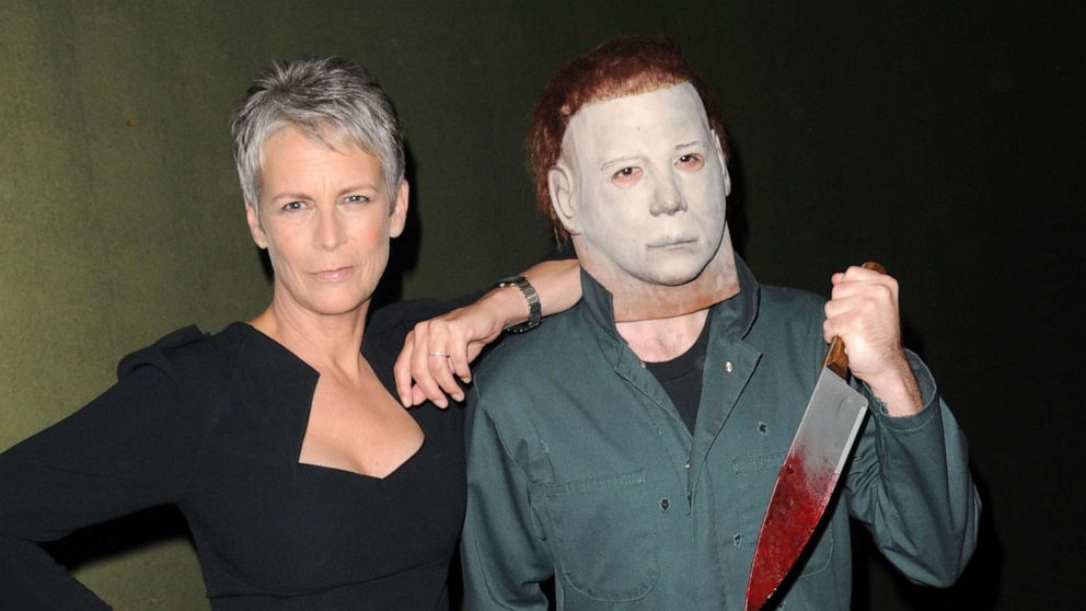 PHOTO: Actress Jamie Lee Curtis poses backstage with Michael Myers at the sCare Foundation's 1st Annual Halloween Launch Benefit held at The Conga Room at L.A. Live on Oct. 30, 2011 in Los Angeles.