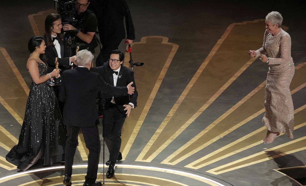 PHOTO: Jamie Lee Curtis jumps with excitement as Daniel Kwan, Daniel Scheinert and Jonathan Wang win the Oscar for Best Picture for "Everything Everywhere All at Once" at the 95th Academy Awards in Hollywood, Calif., March 12, 2023.