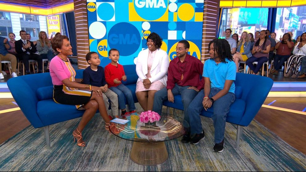 PHOTO: Jamil Rivers talks to "Good Morning America" alongside her family about her positive message for others with breast cancer, April 22, 2019. 